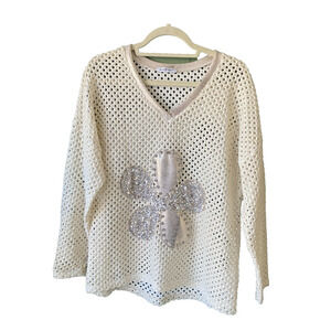 Womens Pullover Blouse ONE SIZE Cream & Silver Coastal Open Knit MADE IN ITALY